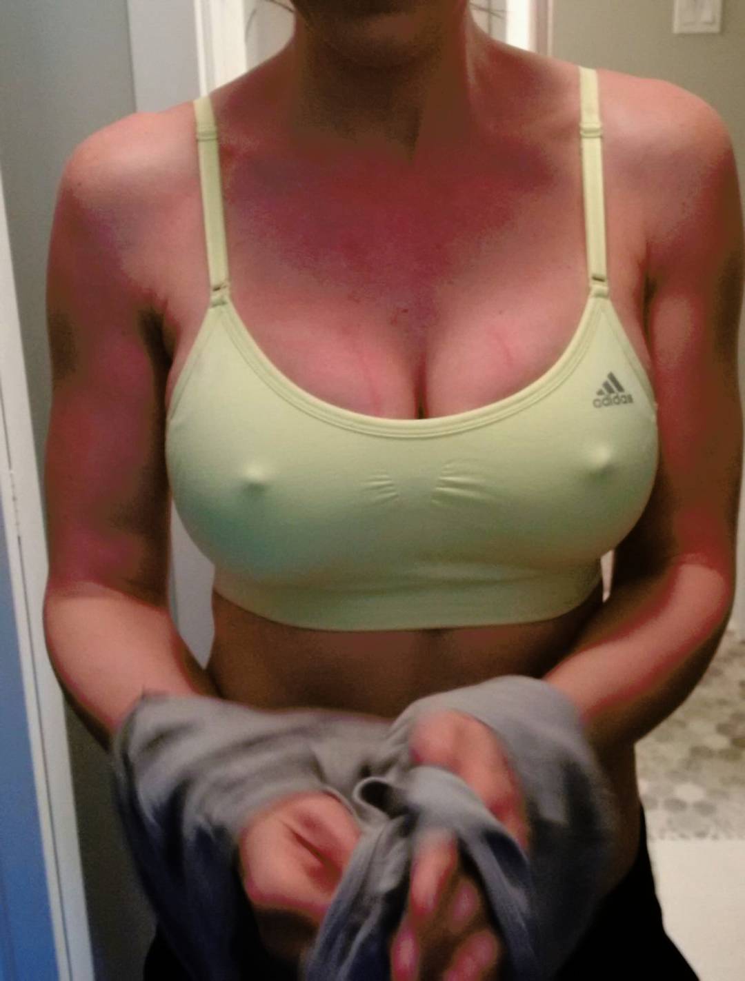 my wife's sports bra can't hide her nips and I'm sure all the guys at the  gym just love it!